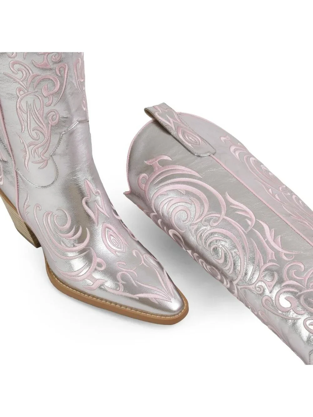 Women's Silver Rubber Cowgirl Knee High Pointed Toe Block Heel Embroiderd Boots - Picture 6 of 6